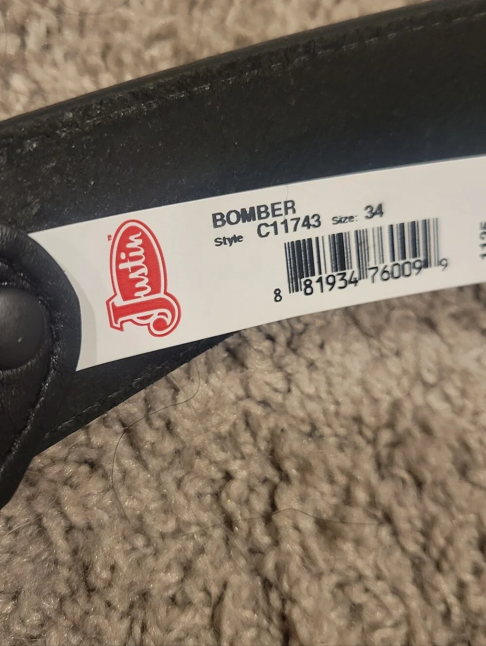 Justin Bomber Black Leather Belt Size 34 NWT